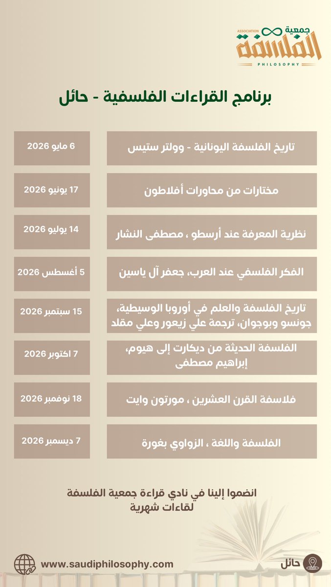 PhilosophySaudi's tweet photo. يسرّ #جمعية_الفلسفة أن تعلن عن برنامج #القراءات_الفلسفية 2026 في مدينة #حائل ✨

لقاءات حوارية شهرية حول الكتب الفلسفية 📚

نسخة محدثة 

مرحبا بكم 💐 https://t.co/iS2YKtJ8Wa