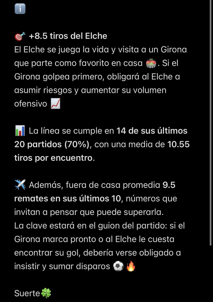 AlemanBets's tweet photo. 🔥LA PELEA POR NO DESCENDER 🔥

🎯 +8.5 tiros Elche

Se juega la permanencia y visita a un Girona favorito en casa. Si encaja primero, tendrá que volcarse arriba

📊 Cumple esta línea en 14/20 (70%) y promedia 10.5 tiros por partido.

@StatsHubCom ✅

Gl🍀 https://t.co/2OIFLxD5eY