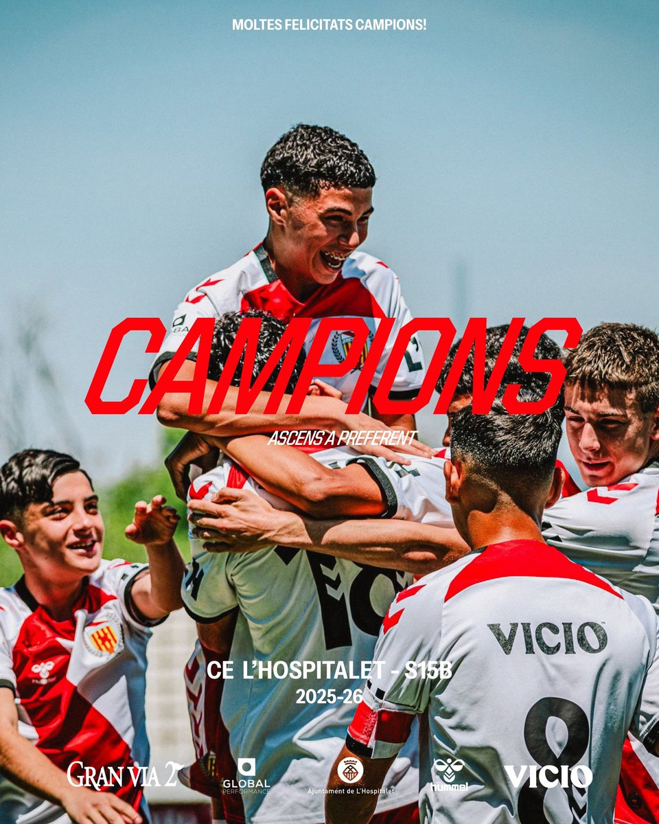 CELHFutbolBase's tweet photo. [CAMPIONS]

🏆🎉 El S15B s'ha proclamat campió de lliga i assoleix l'ascens a Preferent!

🙌 El conjunt de @TormoDani ha tancat el campionat amb 25 victòries i tan sols 3 derrotes.

✨️ Felicitats a tot l'equip i famílies!

#SomhiHospi #SomFutur⚪️❤️ https://t.co/OO9Bzy9uIN