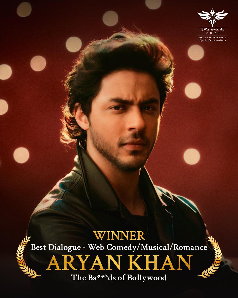 SRKUniverse's tweet photo. The Bads of Bollywood takes home big honours at the SWA Awards. 🏆 Cheers to Aryan Khan, Bilal Siddiqi and Manav Chauhan for this wonderful achievement! ❤️

@iamsrk @NetflixIndia @RedChilliesEnt @BilalS158 #ManavChauhan

#ShahRukhKhan #SRK #AryanKhan #TheBadsOfBollywood  #TheBadsOfBollywoodOnNetflix