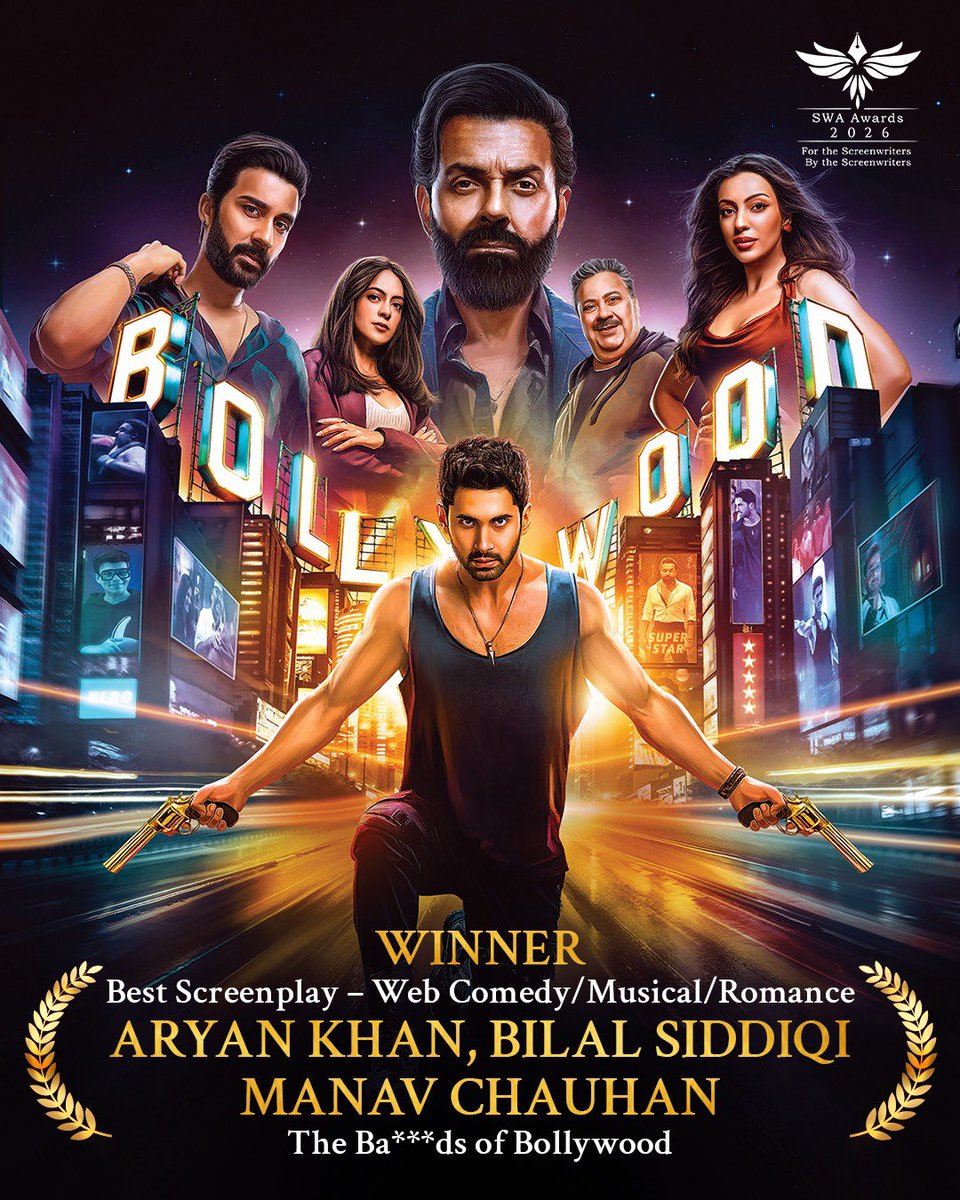 SRKUniverse's tweet photo. The Bads of Bollywood takes home big honours at the SWA Awards. 🏆 Cheers to Aryan Khan, Bilal Siddiqi and Manav Chauhan for this wonderful achievement! ❤️

@iamsrk @NetflixIndia @RedChilliesEnt @BilalS158 #ManavChauhan

#ShahRukhKhan #SRK #AryanKhan #TheBadsOfBollywood  #TheBadsOfBollywoodOnNetflix