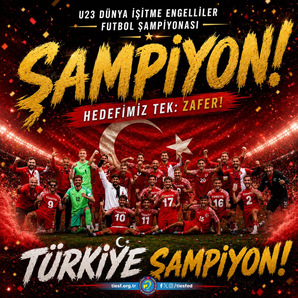 tiesfed's tweet photo. 🇹🇷 U23 Milli Takımımız Dünya Şampiyonu! 🏆

Ay yıldızlı bayrağımızı gururla temsil eden U23 Milli Takımımız, Sırbistan’da düzenlenen U23 Dünya İşitme Engelliler Futbol Şampiyonası’nda DÜNYA ŞAMPİYONU oldu! ❤️🤍 https://t.co/EFt5oz8dwh