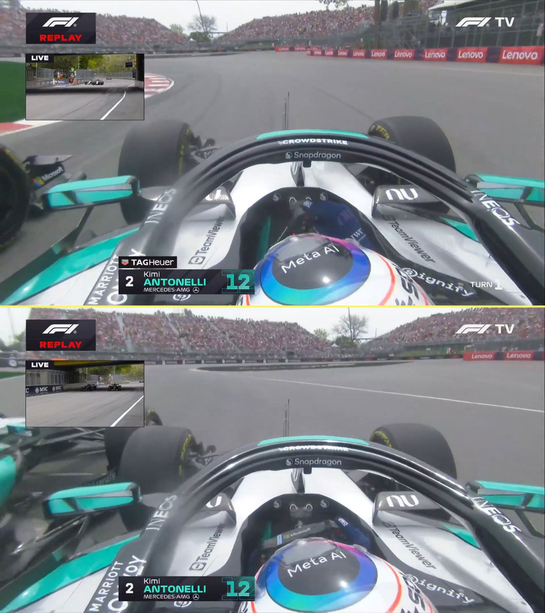 f1speed_indo's tweet photo. Saat mengerem, Antonelli memang bisa tempatkan ban depannya di depan spion mobil Russell.

Tapi saat di apex, Russell late brake dan bisa menaruh ban depannya di depan spion mobil Antonelli.

Russell adalah pembalap bertahan.
Manuver Kimi belum sah karena di apex Russell bisa pertahankan posisi ban depannya di depan mobil Kimi. Russell berhak pertahankan diri jika berdasarkan "apex rule".