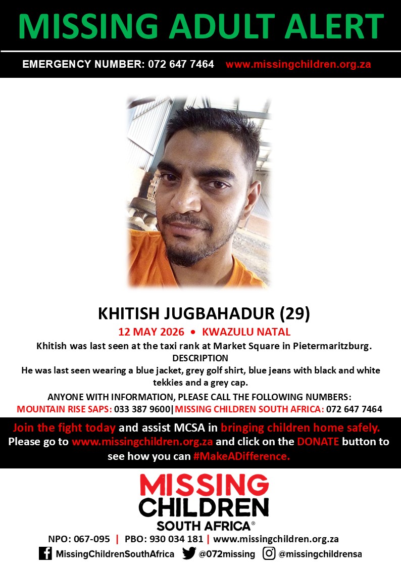 072MISSING's tweet photo. #MCSAMissing 

Khitish Jugbahadur (29) was last seen 12 May 2026.

If you personally, or your company | or your place of work, would like to make a donation to #MCSA, please click here to donate: https://t.co/WuULg0pWNL Thank you https://t.co/HLNoCfBMPh