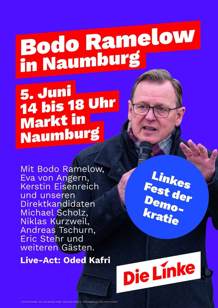DieLinkeBLK's tweet photo. ‼️ @bodoramelow kommt in den Burgenlandkreis ‼️

Am 5. Juni dürfen wir Bundestagsvizepräsident und Ex-Ministerpräsident Bodo Ramelow in Naumburg begrüßen 🎉

Zusammen mit vielen weiteren Gästen freuen wir uns auf euch 🙌 Kommt vorbei! 😉 14 bis 18 Uhr auf dem Marktplatz Naumburg. https://t.co/XBoDq9jJCd