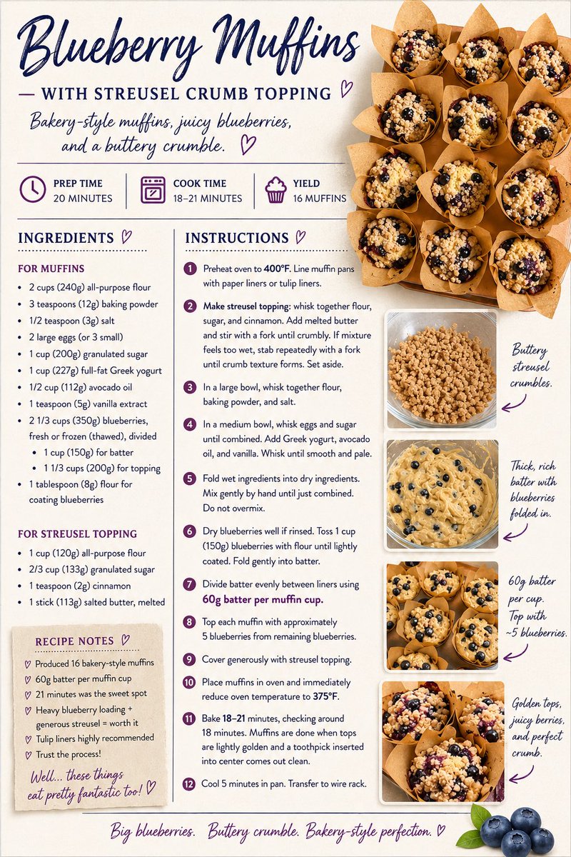 GLShoulders2's tweet photo. Blueberry Muffins With Streusel Crumb Topping

Prep Time: 20 minutes
Cook Time: 18–21 minutes
Yield: 16 bakery-style muffins

INGREDIENTS

For Blueberry Muffins:

2 cups (240g) all-purpose flour
3 teaspoons (12g) baking powder
1/2 teaspoon (3g) salt
2 large eggs (or 3 small)
1 cup (200g) granulated sugar
1 cup (227g) full-fat Greek yogurt
1/2 cup (112g) avocado oil
1 teaspoon (5g) vanilla extract
2 1/3 cups (350g) blueberries, fresh or frozen (thawed), divided
1 cup (150g) for batter
1 1/3 cups (200g) for topping
1 tablespoon (8g) flour for coating blueberries

For Streusel Topping:

1 cup (120g) all-purpose flour
2/3 cup (133g) granulated sugar
1 teaspoon (2g) cinnamon
1 stick (113g) salted butter, melted

INSTRUCTIONS

Preheat oven to 400°F. Line muffin pans with paper liners or tulip liners.
Make streusel topping: whisk together flour, sugar, and cinnamon. Add melted butter and stir with a fork until crumbly. If mixture feels too wet, stab repeatedly with a fork until crumb texture forms. Set aside.
In a large bowl, whisk together flour, baking powder, and salt.
In a medium bowl whisk eggs and sugar until combined. Add Greek yogurt, avocado oil, and vanilla. Whisk until smooth and pale.
Fold wet ingredients into dry ingredients. Mix gently by hand until combined. Do not overmix.
Dry blueberries well if rinsed. Toss 1 cup (150g) blueberries with flour until lightly coated. Fold gently into batter.
Divide batter evenly between liners using 60g batter per muffin cup.
Top each muffin with approximately 5 blueberries from remaining blueberries.
Cover generously with streusel topping.
Place muffins in oven and immediately reduce oven temperature to 375°F.
Bake 18–21 minutes, checking around 18 minutes. Muffins are done when tops are lightly golden and a toothpick inserted into center comes out clean.
Cool 5 minutes in pan. Transfer to wire rack.

Notes from Version 1 bake:

Produced 16 bakery-style muffins
21 minutes was the sweet spot
Heavy blueberry loading + generous streusel = worth it
Tulip liners highly recommended
Trust the process 🔥🫐