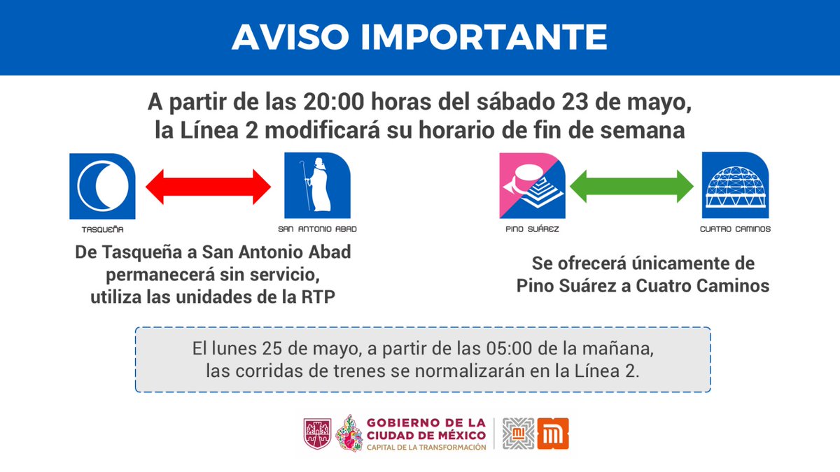 MetroCDMX's tweet photo. #AvisoMetro: Por los trabajos de rehabilitación en Línea 2, a partir de las 20:00 horas del día de hoy sábado 23 de mayo y hasta el inicio del servicio del lunes 25 de mayo, el servicio de trenes será de Pino Suárez a Cuatro Caminos por ambos sentidos.

El tramo de San Antonio Abad a Tasqueña permanecerá cerrado.
Se contará con apoyo gratuito de unidades de @RTP_CiudadDeMex. 

Toma previsiones.