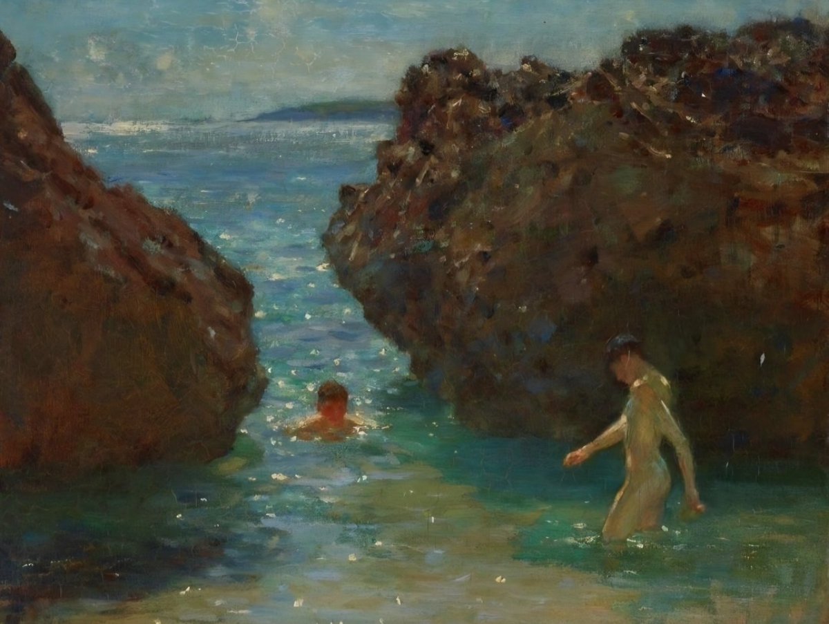 ahistoryinart's tweet photo. 'Bathers.' (1918) Renowned for his idealised depictions, Henry Scott Tuke's work primarily comprises of portraits of male sitters backdropped by Cornish seascapes. This picture depicts Newporth beach just outside Falmouth https://t.co/4W6EaqOXMU