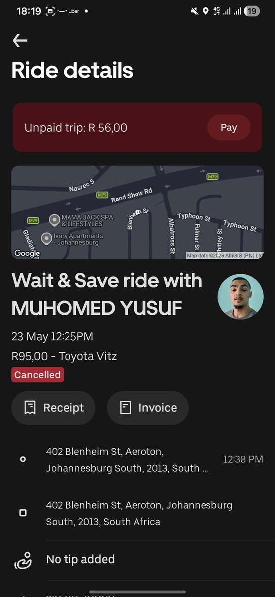 wangaswisdom's tweet photo. Hi @Uber @Uber_RSA My ride was R39 and the driver refused to cancel the trip, it charged me R95. i went back to him to tell him to cancel, he said he will cancel, he DIDN'T. The driver was also smoking a cigarette in the car, which is utterly unacceptable. Please sort this out!!! https://t.co/nRp6F8Y2BH