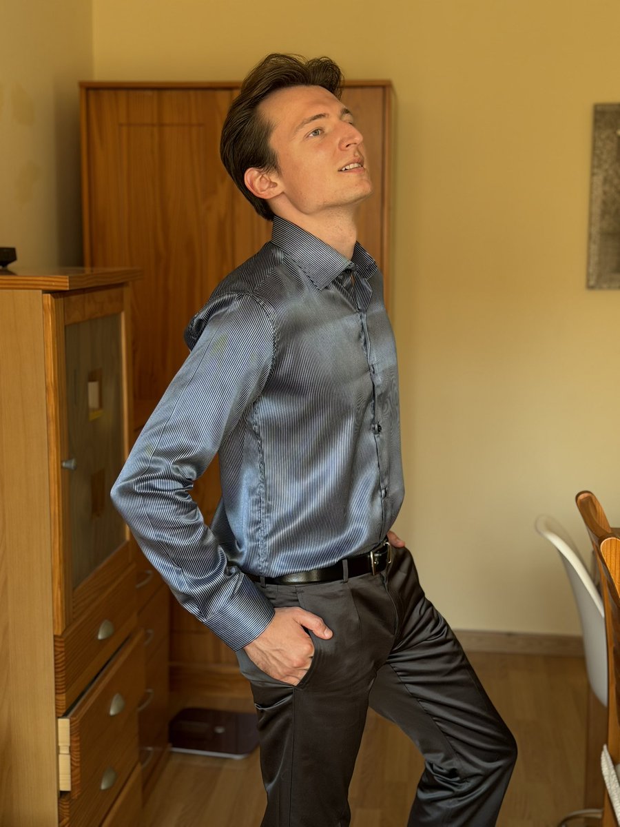 Neminglovsky's tweet photo. Do you like this combination of blue satin shirt and shiny pants? #streetwear #menstyle https://t.co/62rxZTcHmU