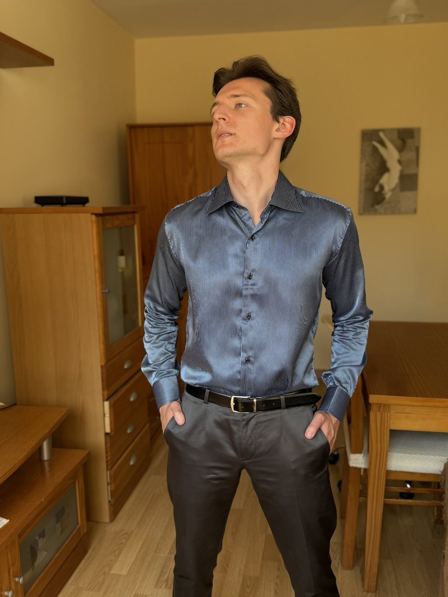 Neminglovsky's tweet photo. Do you like this combination of blue satin shirt and shiny pants? #streetwear #menstyle https://t.co/62rxZTcHmU