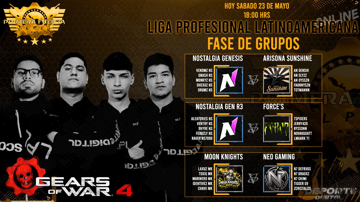 DeporteDigitalH's tweet photo. LPL FASE DE GRUPOS PRIMERA FUERZA

⚠️HOY SABADO 23 DE MAYO
☢️18:00 hrs CD de MX

https://t.co/1sTwPAfmvA
https://t.co/jEDDFytP4X

@XBOXMexico 
@GearsofWar 
@GearsLATAM https://t.co/HST9MVtpdL
