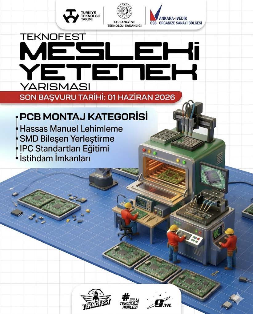 ivedikOSB's tweet photo. İvedik OSB Paydaşlığıyla TEKNOFEST’teyiz! PCB Montaj Kategorisinde Yeteneğini Göster, Büyük Ödüller ve İvedik OSB Firmalarında İstihdam Fırsatını Yakala!”

Elektronik dünyasının kalbine dokunmaya, yeteneğini uluslararası standartlarla taçlandırmaya hazır mısın?
İvedik OSB olarak paydaşı olduğumuz “TEKNOFEST Mesleki Yetenek Yarışması PCB Montaj Kategorisi” için başvurular başladı!
Bu yarışma sadece bir rekabet alanı değil; IPC standartları ile tanışarak profesyonel üretime adım atacağın, nitelikli iş gücü ekosisteminin bir parçası olacağın dev bir kariyer fırsatı!
Bu Yarışmada Seni Ne Bekliyor?
● Gelişim & İstihdam Kapısı: Teorik IPC eğitimleri ve uygulamalı final etabıyla kendini geliştirip teknik yetkinliğini kanıtlayacağın eşsiz bir zemin! Başarı gösteren katılımcılar için İvedik OSB bünyesindeki firmalarda doğrudan istihdam imkanı.
 
● Net Nakdi Ödüller: Serbest Kategoride 150.000 TL’ye, Lise Kategorisinde 120.000 TL’ye varan birincilik ve derece ödülleri! 
 
Kimler Başvurabilir? Lise öğrencileri/mezunları ile elektronik imalat alanında çalışan, kendini geliştiren herkes!
Son Başvuru: 01.06.2026
Hemen Başvur: https://t.co/NjVRnNqbTi
Ödül Töreni: 30 Eylül - 4 Ekim 2026 / Şanlıurfa GAP Havalimanı
Geleceğin teknolojisini üretenlerden olmak için bu fırsatı kaçırma!
 
#TEKNOFEST #İvedikOSB #PCBMontaj #İstihdam #Kariyer Teknoloji MeslekiEğitim MilliTeknolojiHamlesi