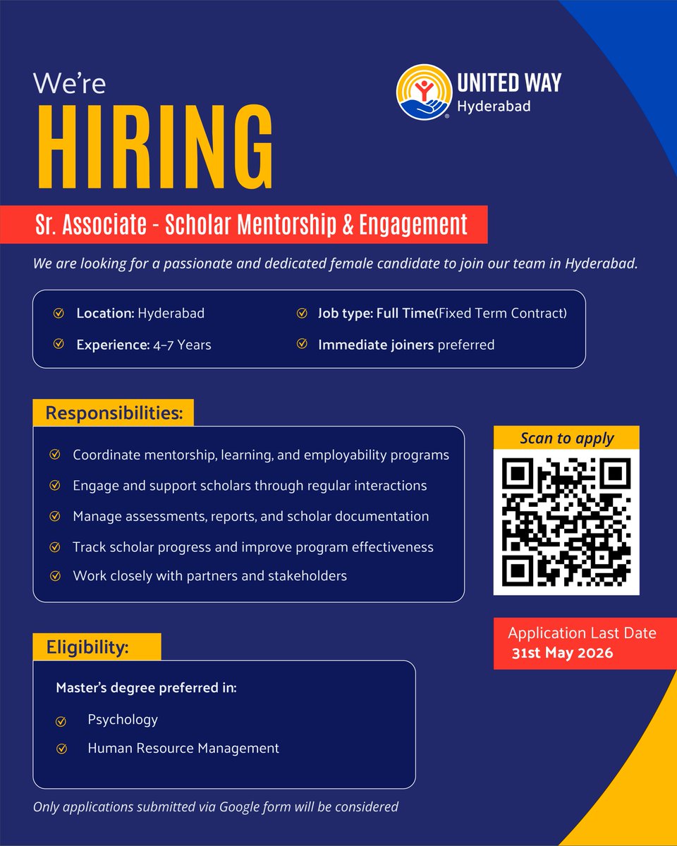 unitedwayhyd's tweet photo. We’re hiring!
Looking for a Sr Associate - Scholar Mentorship &amp; Engagement to support scholar growth, mentoring, and employability initiatives.🚀

Apply here: https://t.co/B22mC4EFS9

Application Deadline: 31st May 2026

#Hiring #Mentorship #EducationJobs #CSRJobs https://t.co/Z9Gd5U3Uku