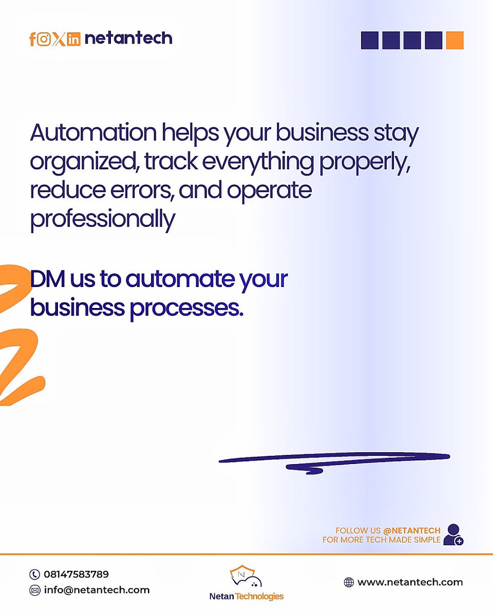 NetanTech's tweet photo. Manual processes lead to errors, missed information, customer complaints, and unnecessary stress.

Automation helps you stay organized, track everything properly, and operate professionally 
DM us to automate your business processes.
#netantechnologies https://t.co/b6ujTZH02M
