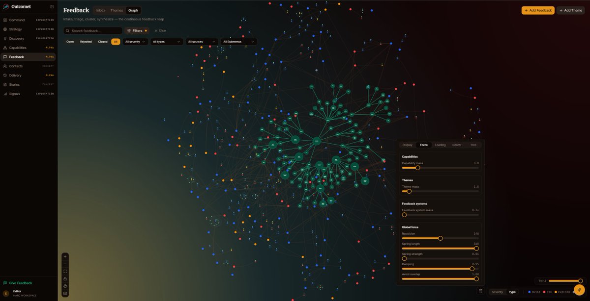 OutcometApp's tweet photo. Playing with new graph visualizations for my feedback->theme->capability relations.

#buildinpublic #productmanagement #productops https://t.co/hoFaYsjRGZ