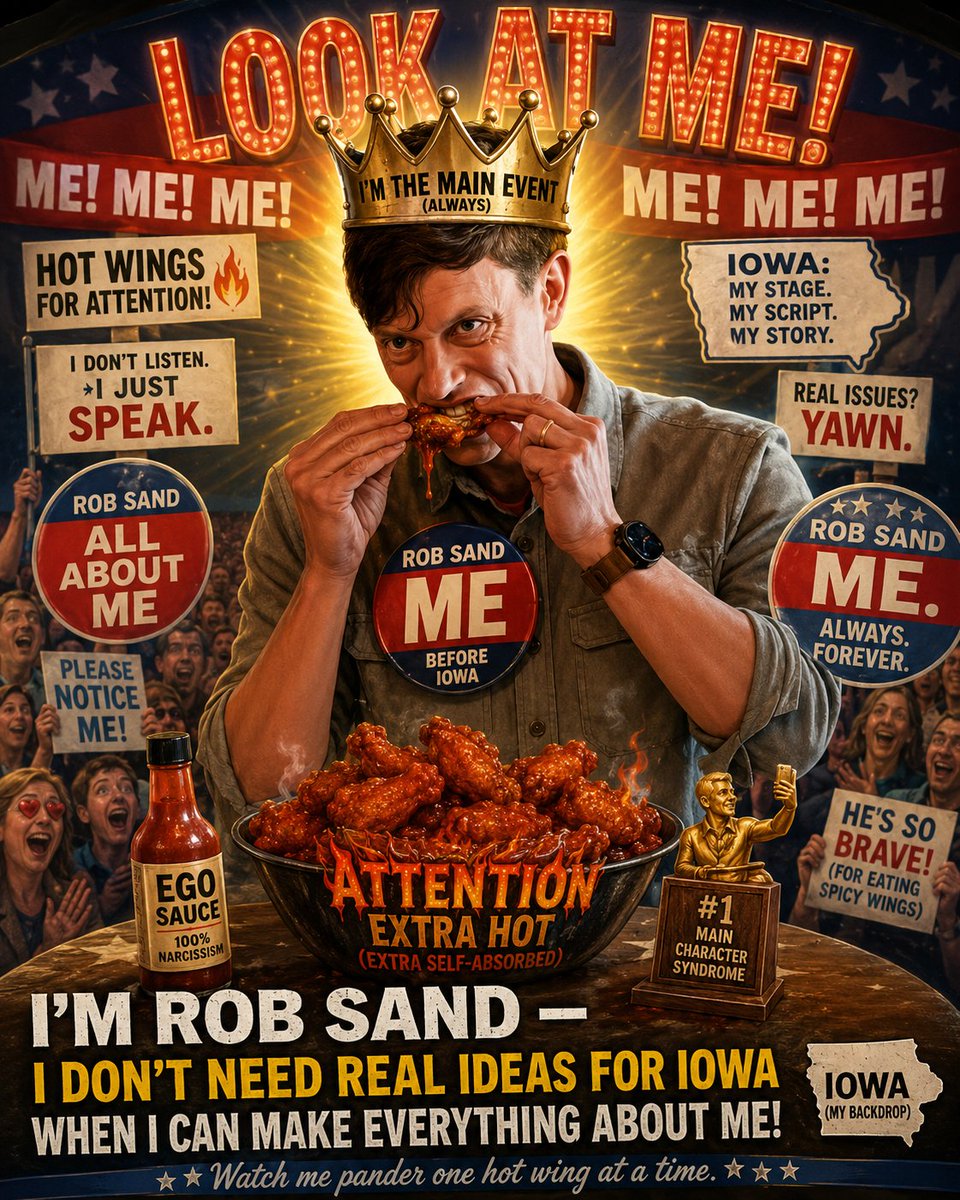 RobSandsBigEGO's tweet photo. @RobSandIA I’m Rob Sand’s Gigantic Ego, and honestly, Iowa is lucky I showed up today.

Do I have bold ideas? Not really.
Do I have solutions? Also no.
But can I eat a hot wing on camera and pretend it’s leadership?
Absolutely.

Please clap. 🌶️

#ILoveME #RobSand https://t.co/8FJTTQ86F6