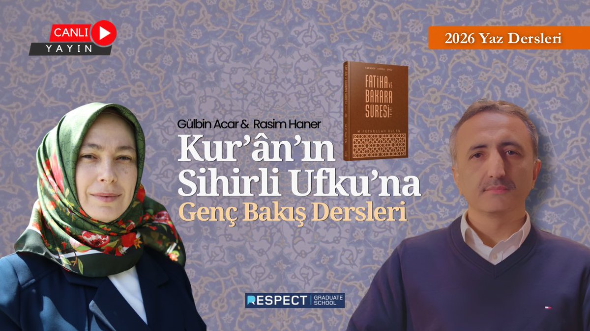 RespectTurkce's tweet photo. Friends of Respect platformu, Muhterem Fethullah Gülen Hocaefendi’nin son eseri "Kur’ân’ın Sihirli Ufku - Fatiha Sûresi ve Bakara Sûresi (1-39. Âyetler)" kitabını analiz etmek amacıyla 3 Ekim 2026’da düzenlenecek Dünya Döndükçe Online Kampı öncesinde muazzam bir hazırlık programı başlatıyor. 4 Haziran – 11 Temmuz 2026 tarihleri arasında, 6 hafta boyunca tamamen ücretsiz olarak gerçekleştirilecek bu derslerde, 35 yaş altı genç katılımcılarla eser satır satır incelenecek; Risale-i Nur Külliyatı ve temel tefsir kaynaklarıyla karşılaştırmalı okumalar yapılacak. Dünyanın farklı coğrafyalarından katılımı kolaylaştırmak için 3 ayrı saat diliminde tekrarlanacak derslerde gençlerin hazırlayacağı video, sunum, şiir ve denemelerle büyük kamp adeta bir festival havasına bürünecek. Kerim Balcı’nın moderatörlüğünde, Rasim Haner ve Gülbin Acar’ın konuk olacağı, bu heyecan verici projenin işleniş metodunun ve kamptaki sürprizlerin konuşulacağı özel tanıtım yayınımıza hepiniz davetlisiniz!
Canlı yayını izlemek için tıklayın: https://t.co/TS2qcJGhP8
