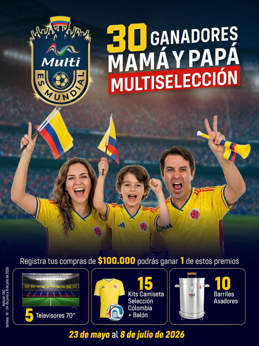 MultiCCIbague's tweet photo. ⚽🔥 ¡Multi es Mundial! 🔥⚽

Registra tus compras iguales o superiores a $100.000 y conviértete en uno de nuestros 30 GANADORES 🎉

Compra, registra tus facturas y prepárate para vivir del Mundial  con nosotros.

¿Listo para hacer parte de la Multiselección? 🙌🔥 https://t.co/rF9SlLXMiF