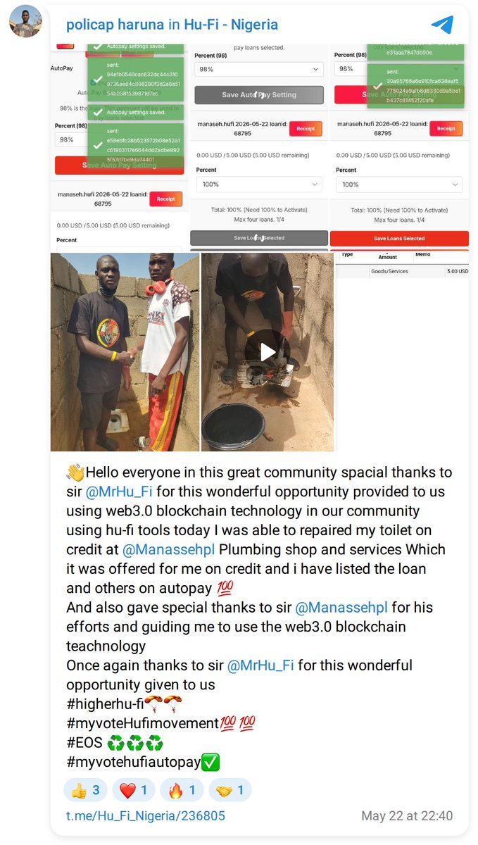 EOSPGLMLT_BP's tweet photo. A toilet repaired on credit. @poli_zee got the work done at @Manassehpl's plumbing shop, the debt now listed on autopay.hufi and recorded on Vaulta. Why does this work? Because every one of us holds the same reserve: time. Lend it. Repay it. #HuFi #Vaulta https://t.co/RJZ2HURK9m