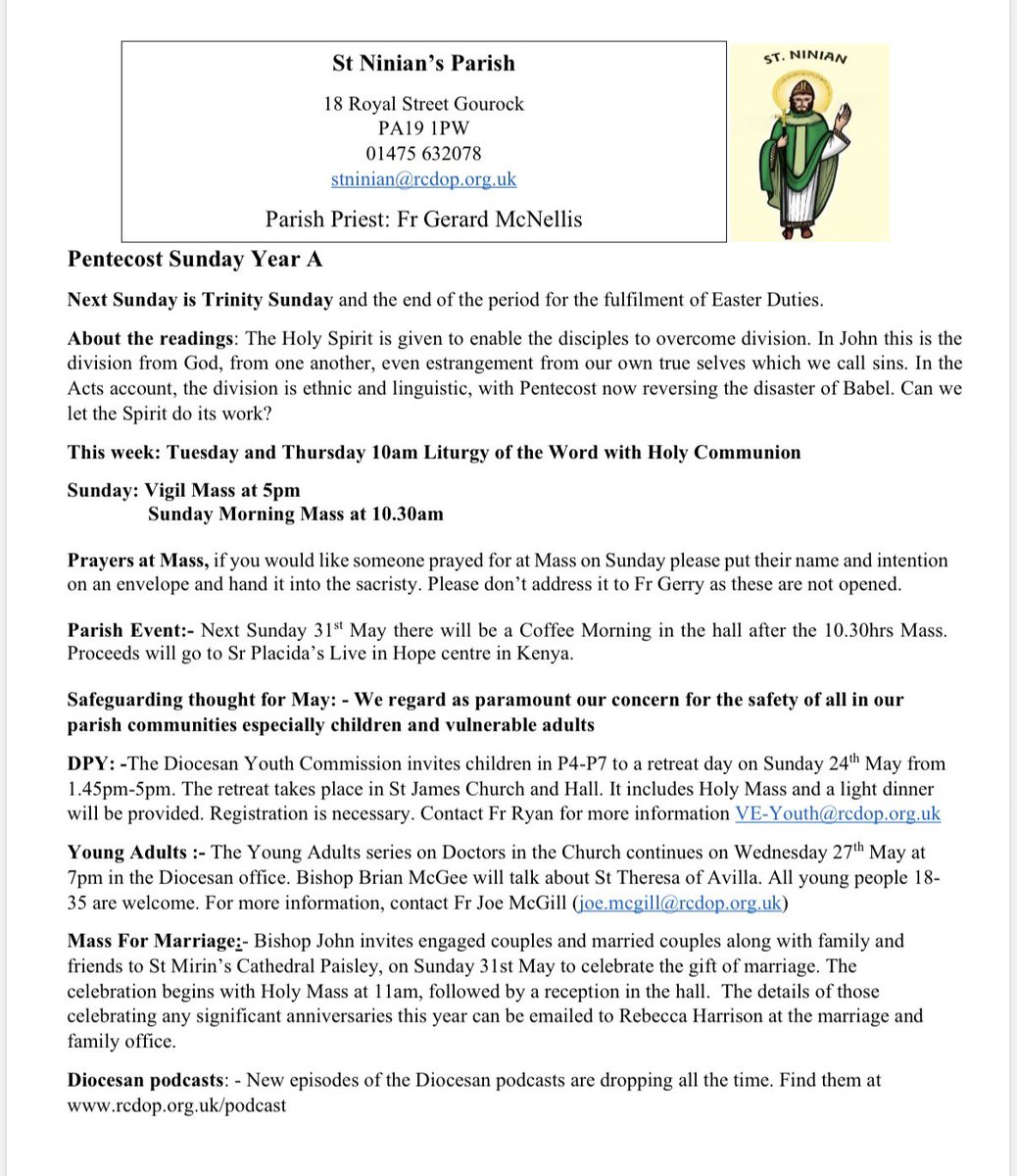 stniniansrc's tweet photo. Parish bulletin, Sunday 24th May 2026, Pentecost Sunday 🔥 https://t.co/tSudhcxsme