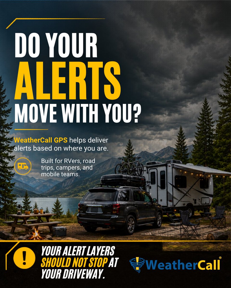 WeatherCallLLC's tweet photo. Travel season is picking up.

WeatherCall GPS is built for people who move: RVers, road trips, mobile teams, campers, and anyone who needs alerts beyond one fixed address.

Your weather alerts should move when you do.

Learn more: [https://t.co/tWkDQVseV4]

#WeatherSafety #RVLife https://t.co/4UUcAY8hAH