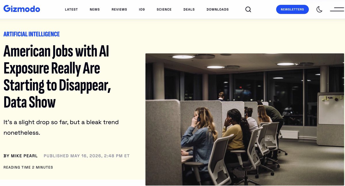 lethal_ai's tweet photo. Data's here: AI-exposed jobs are already vanishing. Customer service reps lost 130k positions in a year. The whole category is down.
Paralegals, writers, sales reps, admins - next.

This is the "new jobs" future they promised. People patching AI slop. 

No plan. No brakes. Just acceleration.