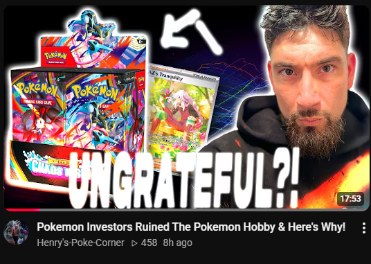 CardGameNomad's tweet photo. I watched this video from Henry's Poke-Corner today and he kinda talked about something I have never really thought about.... Investor mindset hurts this hobby in a way nobody talks about.

When people rip packs, they get super upset when they don't hit a big chase. They crash out online. They throw hate at others who are lucky. They immediately trash any set that doesn't look like it will have a big chase (Perfect Order, Chaos Rising, Pitch Black). So many people claim to collect for the art or the love of Pokemon and then get irrationally upset and ungrateful when their Ascended Heroes ETB doesn't have at $1400 SIR. 

All the while, investors will continuously trash the set and down it every chance they get, going into others replies and telling them they are wasting the money and dumb for buying some Perfect Order packs. 

Like Henry said, it has become a "negativity tornado". I had so much fun opening Chaos Rising and I might dip into again in the future. If you like what's in the set, just enjoy it. Don't let someone else convince you not to.