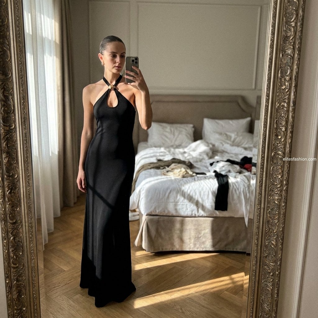 The LBD just got an upgrade. Halter neck + metal ring = the easiest  high-impact outfit you'll own this season. Keep it simple. #elitesfashion  #styleinspo