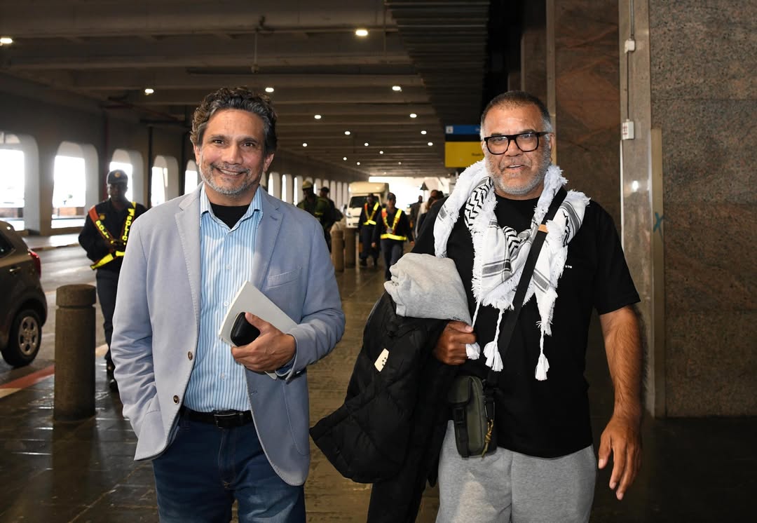 PalEmbassyZa's tweet photo. Today, South Africa welcomed home the delegation of activists who participated in the GLOBAL SUMUD FLOTILLA, after they were abducted and tortured by Israeli occupation forces before their release. https://t.co/0ZreyyL5Km