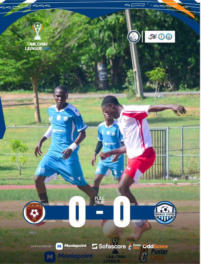 unilorinleague's tweet photo. Fulltime
Petalonix FC 0-0 Emirates United
#UNILORINLeague8 #MoniePoint #MadeForYourProgress #OddScore #YouOwnYourOdds https://t.co/uSKO0rHGQJ