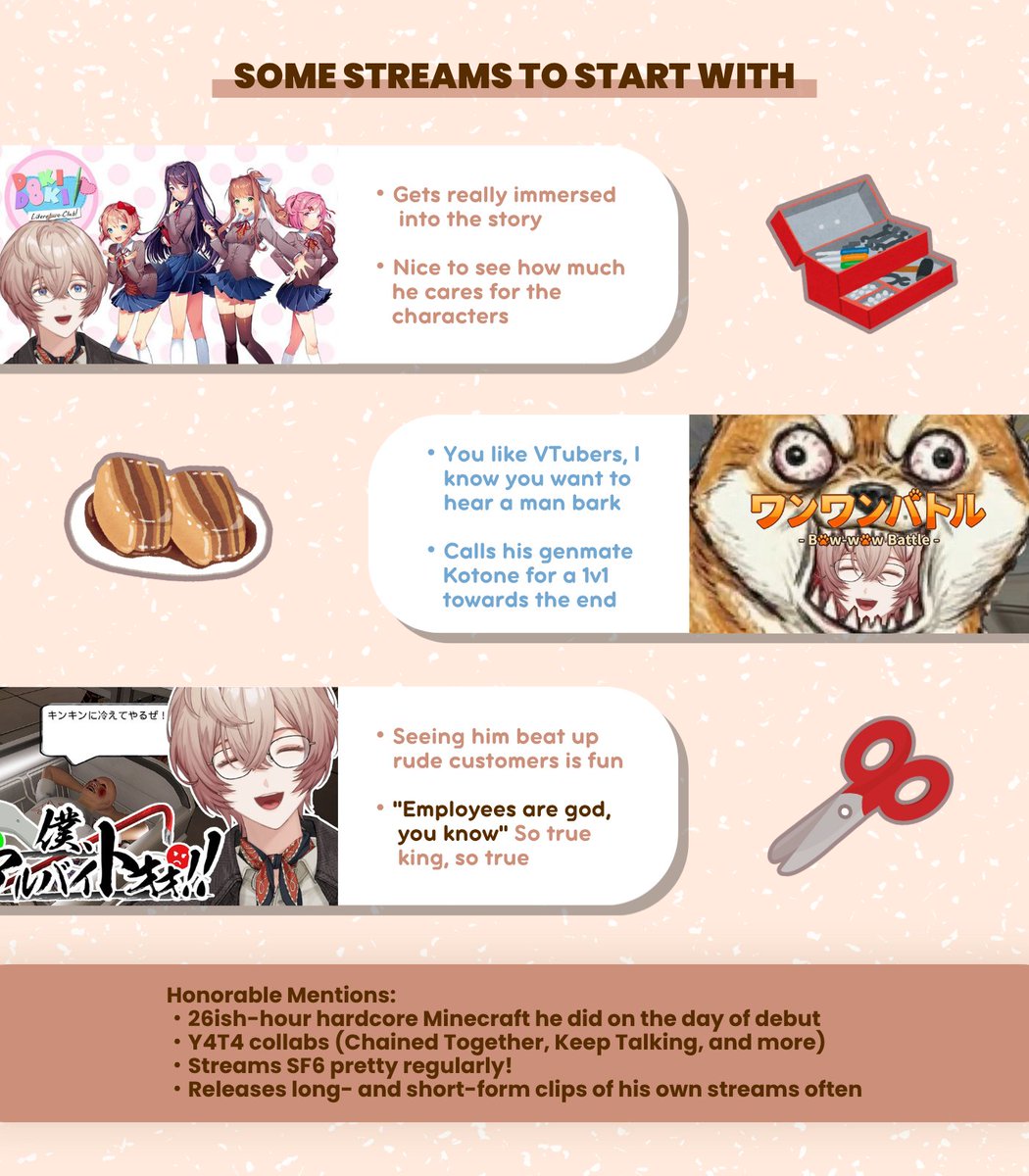NIJIRandom's tweet photo. Introducing: Kuri Eita (九里詠太) 🧰✂️

Plain-text version: https://t.co/XRaeIckVFc

Kakuni Devotion Time 🙏:
https://t.co/BgdGLoQAXx

#くりえごさ https://t.co/NyjogAnopX
