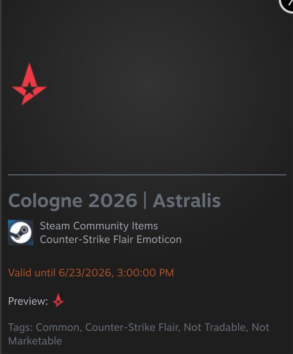 ttv_flowbot's tweet photo. Is this Astralis team emoticon a new feature on CS2/steam? Haven't bought a challenge coin since operation hydra but just got this for buying Cologne 26' https://t.co/ekR7WgRmkT