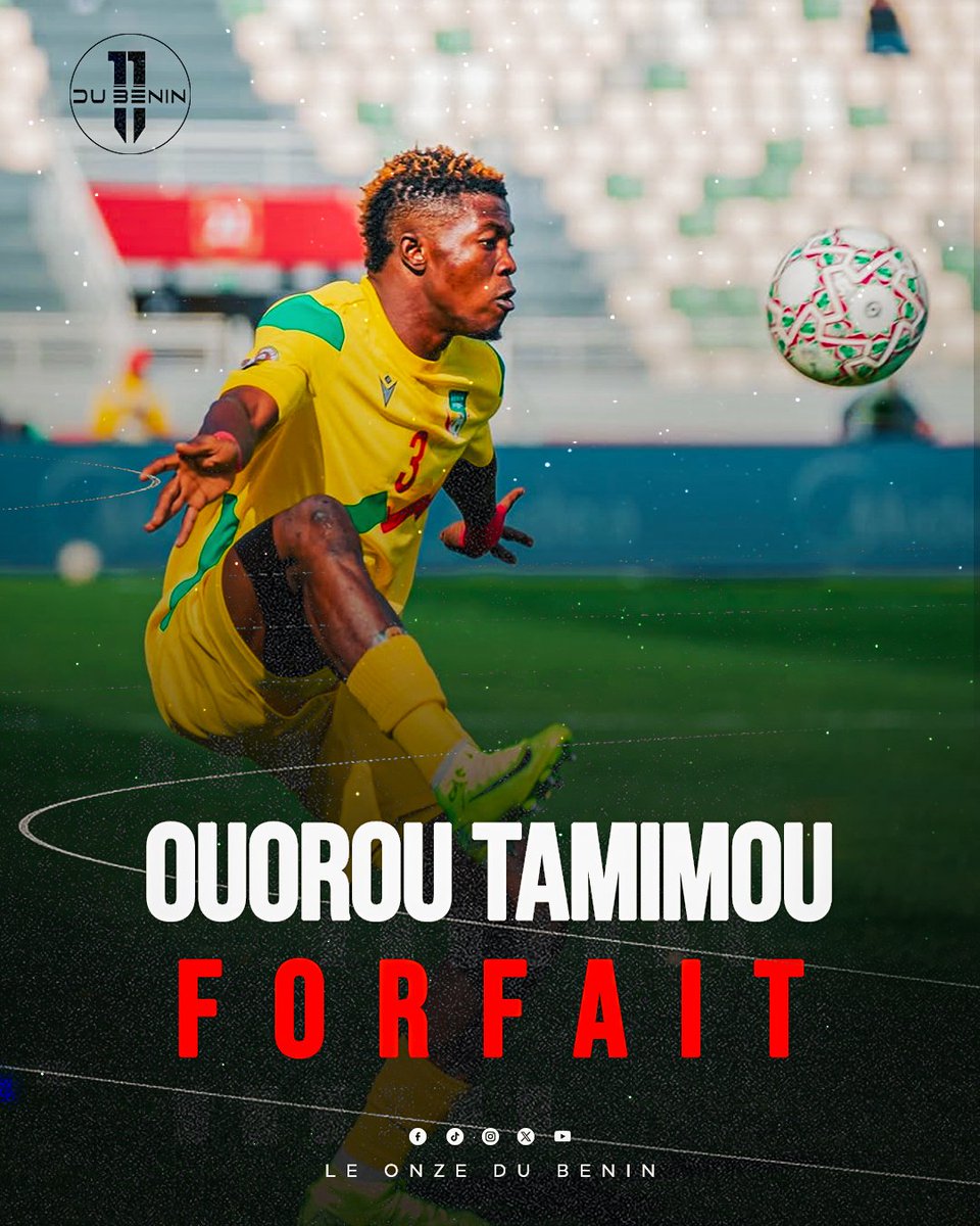 equipebeninoise's tweet photo. Coup dur pour les Guépards du Bénin : Tamimou Ouorou est forfait pour les journées FIFA de juin 2026 en raison d’une blessure. ❌🤕
#229 #Football #guepard #Benin https://t.co/xmUnb1n7WO