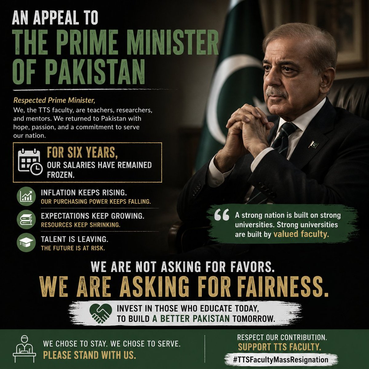 entofawad's tweet photo. Honourable PM
Many of us returned Pakistan to teach, research, and build the nation's future. Yet TTS faculty have not received a salary increase in six years despite record inflation.
Please invest in those who educate, innovate, and serve Pakistan.
#TTSFacultyMassResignation https://t.co/bjByLF8Qje