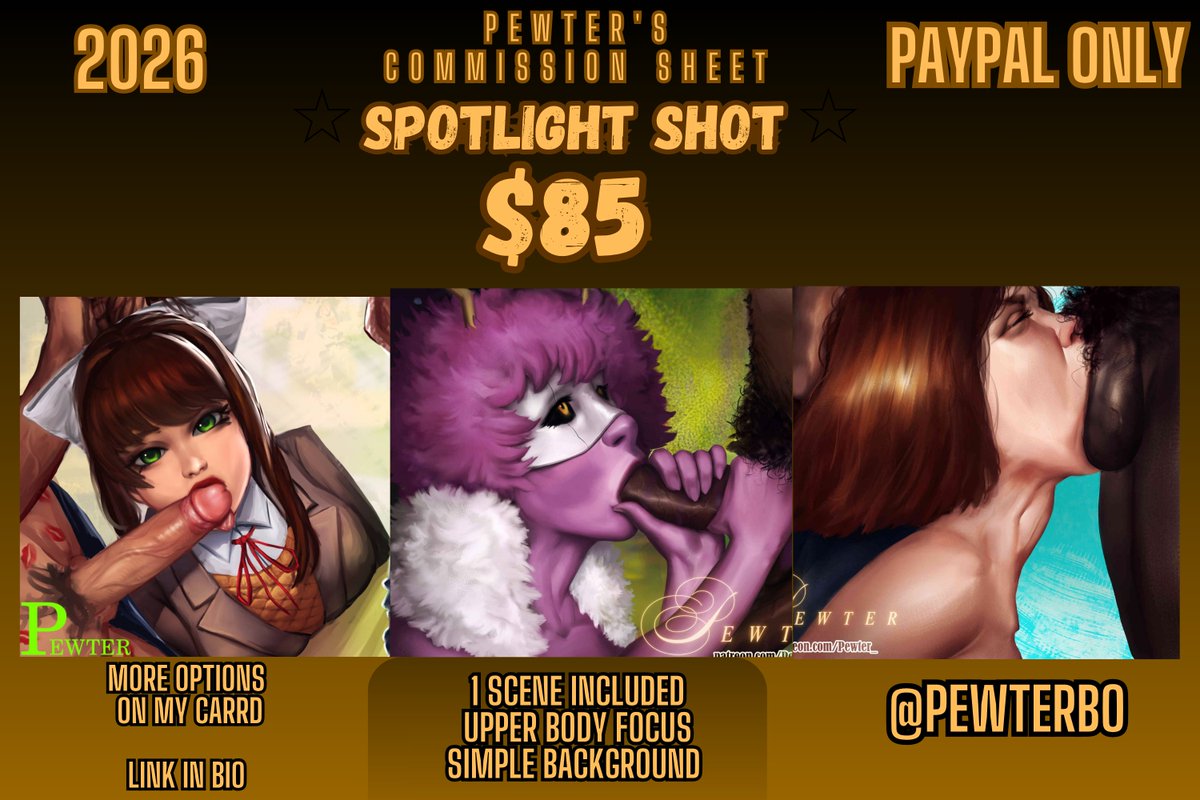 Pewterbo's tweet photo. Hey folks! I’ve been getting a few dms asking if I had a smaller commission option available, so I finally added one! 
Spotlight Shot is a waist-up illustration that I wanted to keep under $100 for you guys. More details on my Carrd!
DMs are open here or through my email!
#nsfw https://t.co/HM4WR0J8I2
