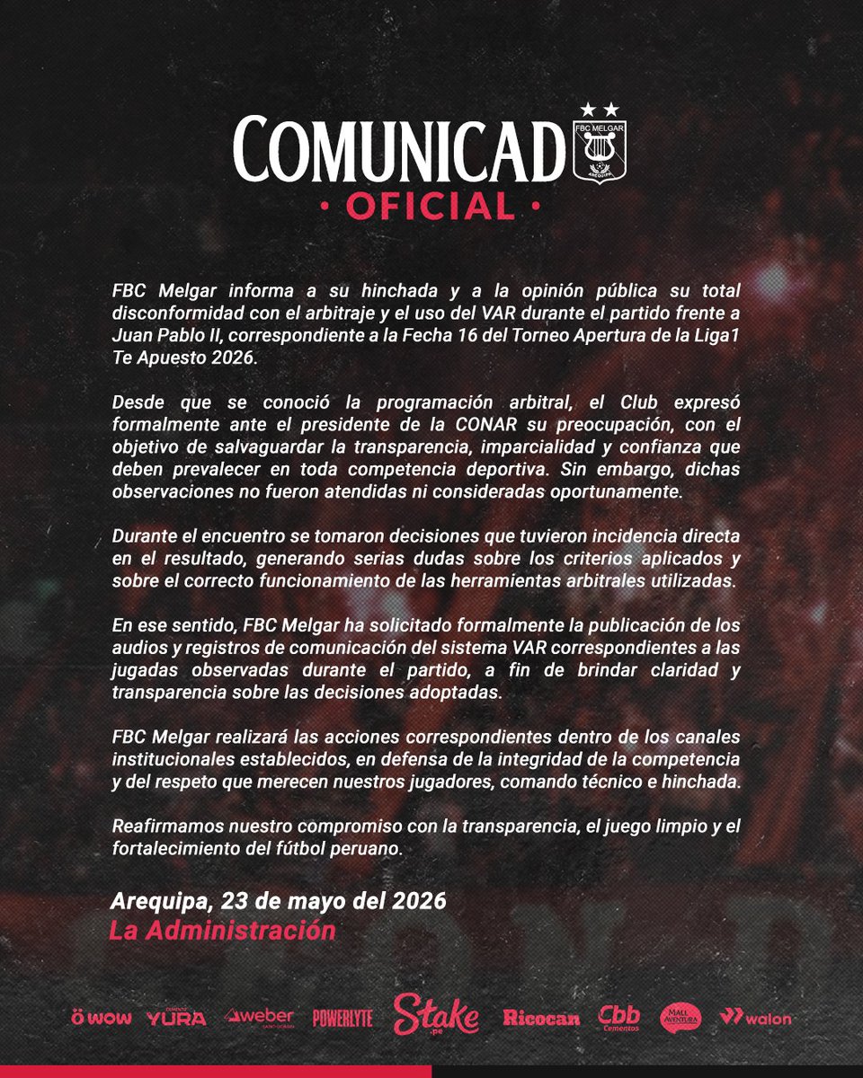 MelgarOficial's tweet photo. COMUNICADO OFICIAL 🔴⚫️ Agradeceremos su difusión.

#RugeMelgar
#LaRojinegraONada https://t.co/DJCn8xaLfS