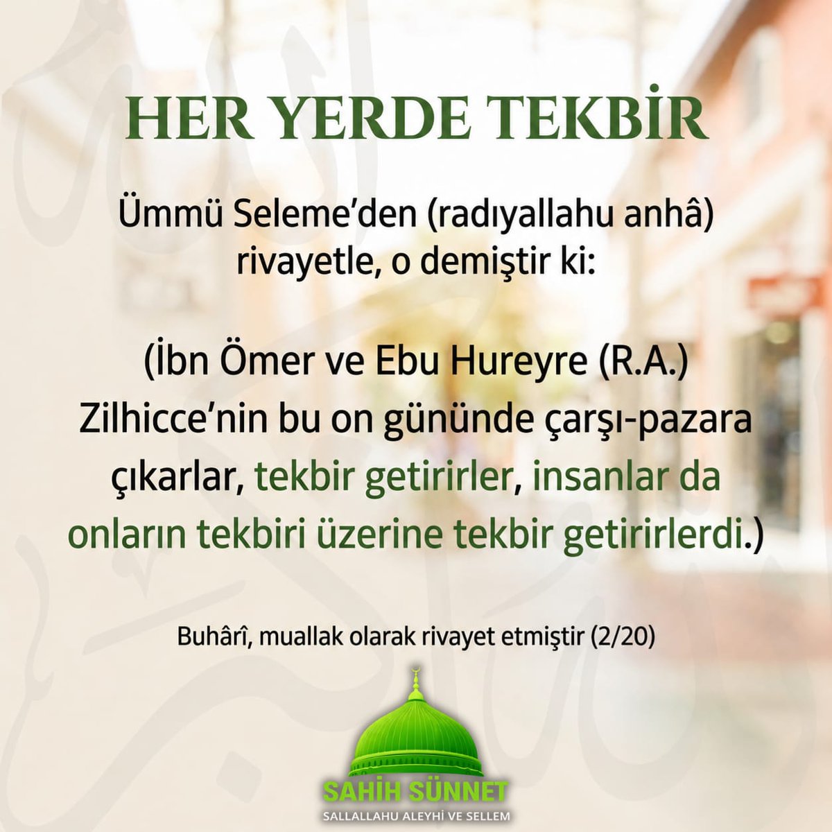 sahihsunnet7's tweet photo. İmam Buhari sahihinde muallak olarak İbn Ömer ve Ebu Hureyre'den, onların zilhicce'nin on günü girince, çarşıya çıktıklarını, sonra da tekbir getirdiklerini, insanların da onlarla beraber tekbir getirdiklerini nakletmiştir.

Buhari 969 https://t.co/3jxqNfRwu5