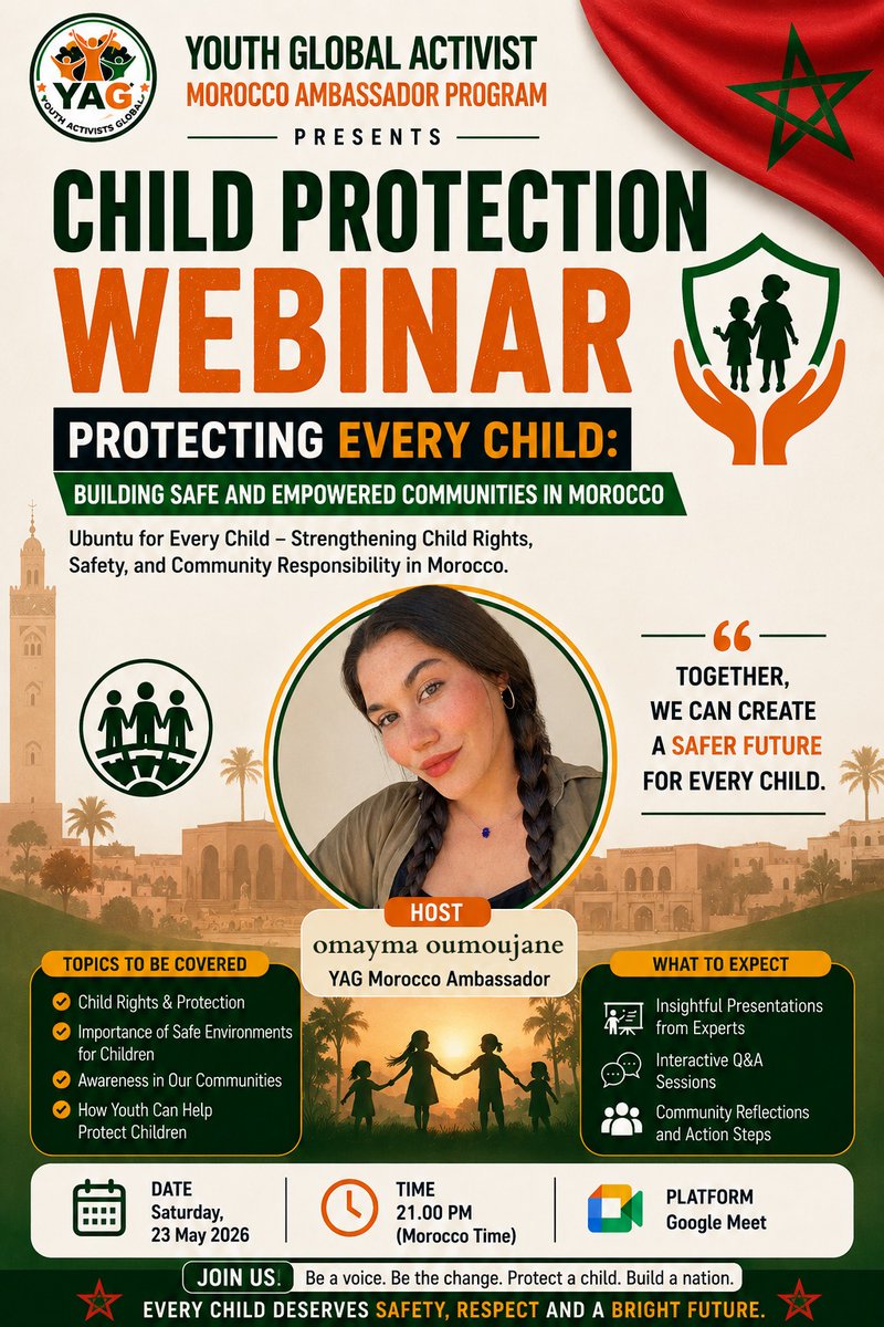 YGlobally45462's tweet photo. ✨ Join the Youth Global Activist Morocco Ambassador webinar on Child Protection! 🌍

Learn, engage &amp; stand up for every child’s safety and future. 💙

🗓️ 23 May 2026 | ⏰ 9PM CAT | 📍 Google Meet

#ProtectChildren #YouthForChange #Morocco https://t.co/kMhnHklmie