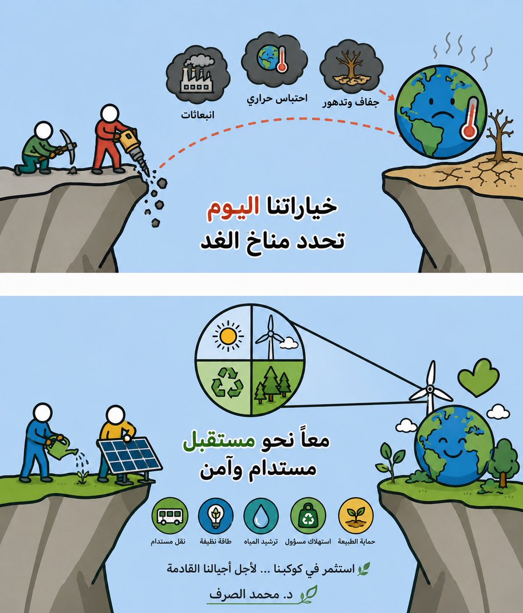 AlsurfM's tweet photo. خياراتنا اليوم ليست مجرد قرارات عابرة…
بل رسائل نرسلها إلى مستقبل كوكبنا. 🌍

كل استهلاك، كل مصدر طاقة، كل وسيلة نقل، وكل سلوك يومي…
إما أن يدفعنا نحو مزيد من التحديات المناخية، أو يقودنا إلى مستقبل أكثر استدامة وأمانًا.

التحول الحقيقي لا يبدأ بالحلول الضخمة فقط،
بل يبدأ عندما تتحول الاستدامة من “فكرة” إلى “أسلوب حياة”.

☀️ طاقة نظيفة
♻️ اقتصاد دائري
💧 ترشيد الموارد
🌳 حماية الطبيعة
🚍 نقل مستدام
🤝 وعي ومشاركة مجتمعية

المستقبل الذي نطمح إليه لن يُبنى بالصدفة…
بل بخيارات واعية تُتخذ كل يوم.

لنكن جزءًا من الحل، لا مجرد شهود على المشكلة. 🌱

#الاستدامة #تغير_المناخ #الحياد_الكربوني #الطاقة_المتجددة #الاقتصاد_الدائري #الوعي_البيئي #Sustainability #ClimateAction #NetZero #GreenFuture