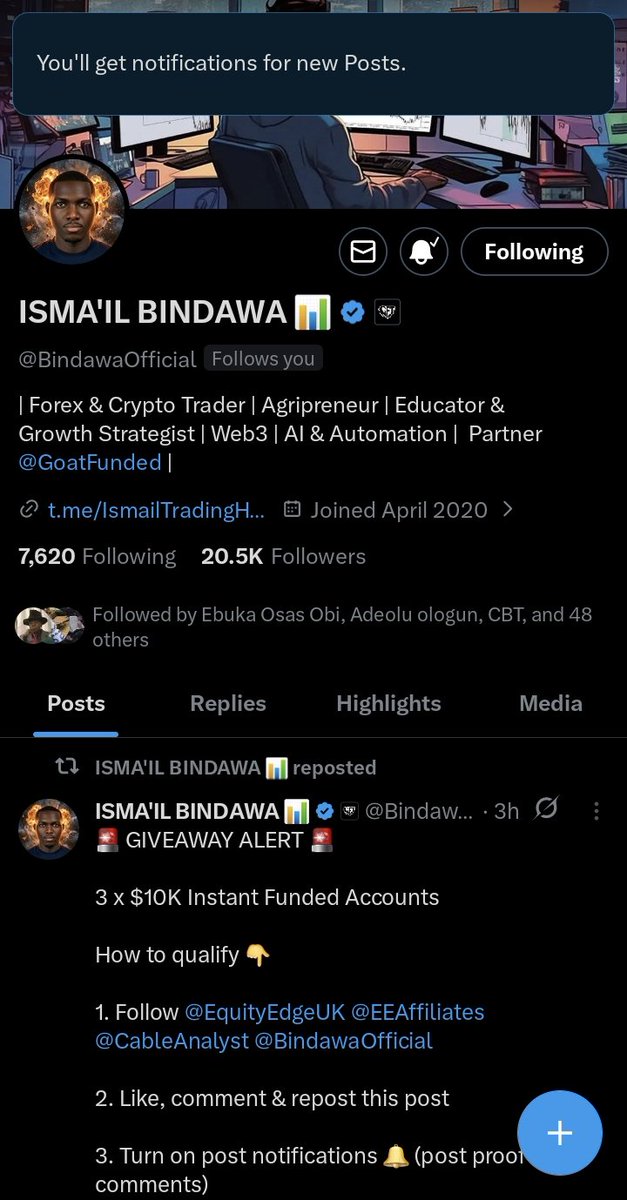 Zeusthetrader's tweet photo. @BindawaOfficial @EquityEdgeUK @EEAffiliates @CableAnalyst @Micheal44A2 @Reezou01 All tasks done ✔️ 

I've turned on your notification too. Blsee evidence below. https://t.co/Vd43M2nkcv