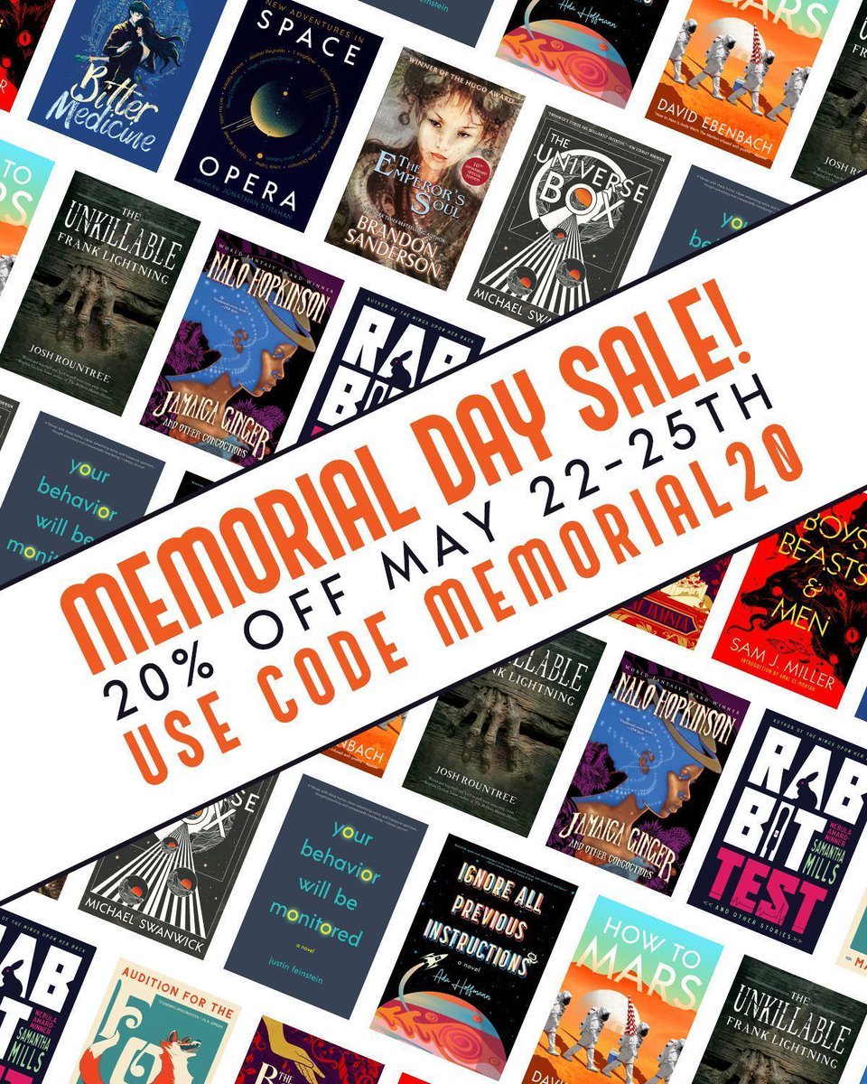 TachyonPub's tweet photo. It's a sitewide book #sale! Get 20% off when you use code Memorial20 when you buy direct from our homepage all holiday weekend!

https://t.co/D9lCsroTkO https://t.co/pyuLjkIgb5