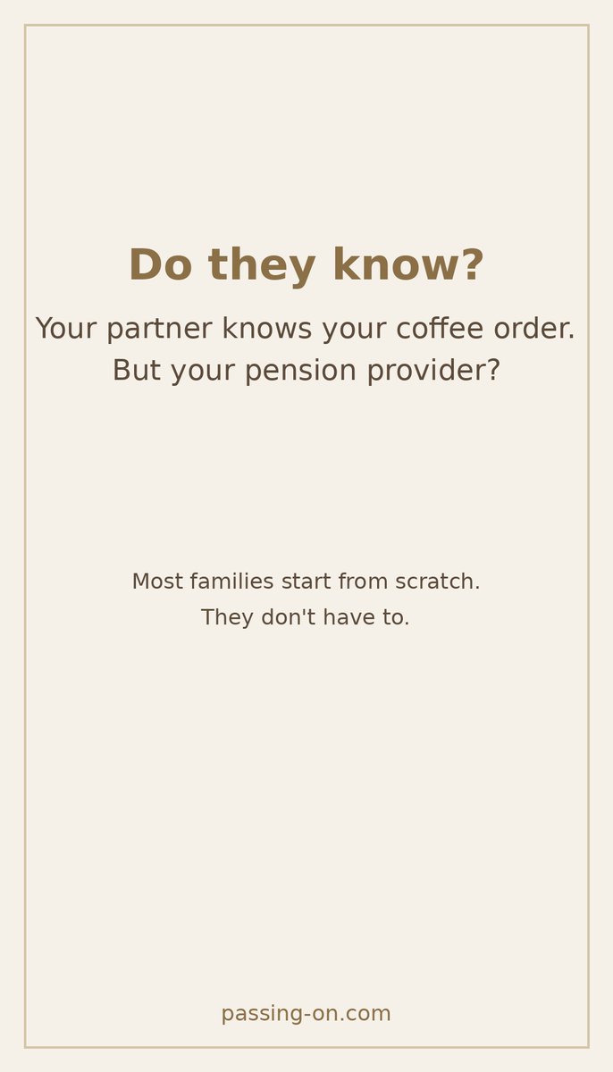 PassingOnSpt's tweet photo. Your partner knows your coffee order. Do they know your pension provider?

Most people assume the people they love will figure it out. They won't — not without a starting point.

https://t.co/SWoS1YEILB https://t.co/YBeE4IB4Cx