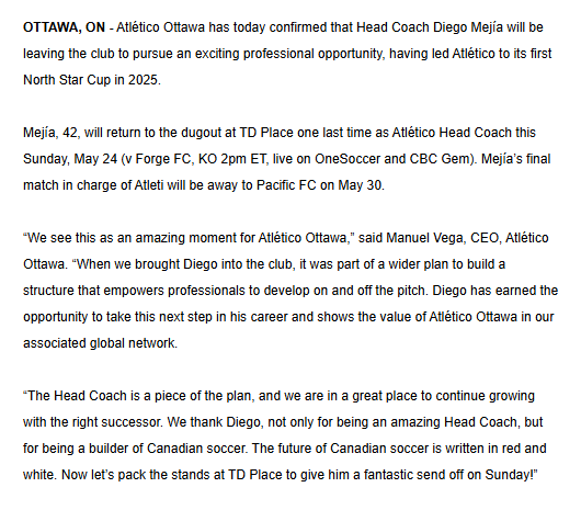 CA_AtHome's tweet photo. 🇲🇽 It's official: Atlético Ottawa have confirmed head coach Diego Mejía will be departing the club for "an exciting professional opportunity" after their match vs #ForgeFC.
Assistant coach Diego Campos will take the reins until a permanent replacement is announced.
#CanPL https://t.co/Nq5VGtNwbp