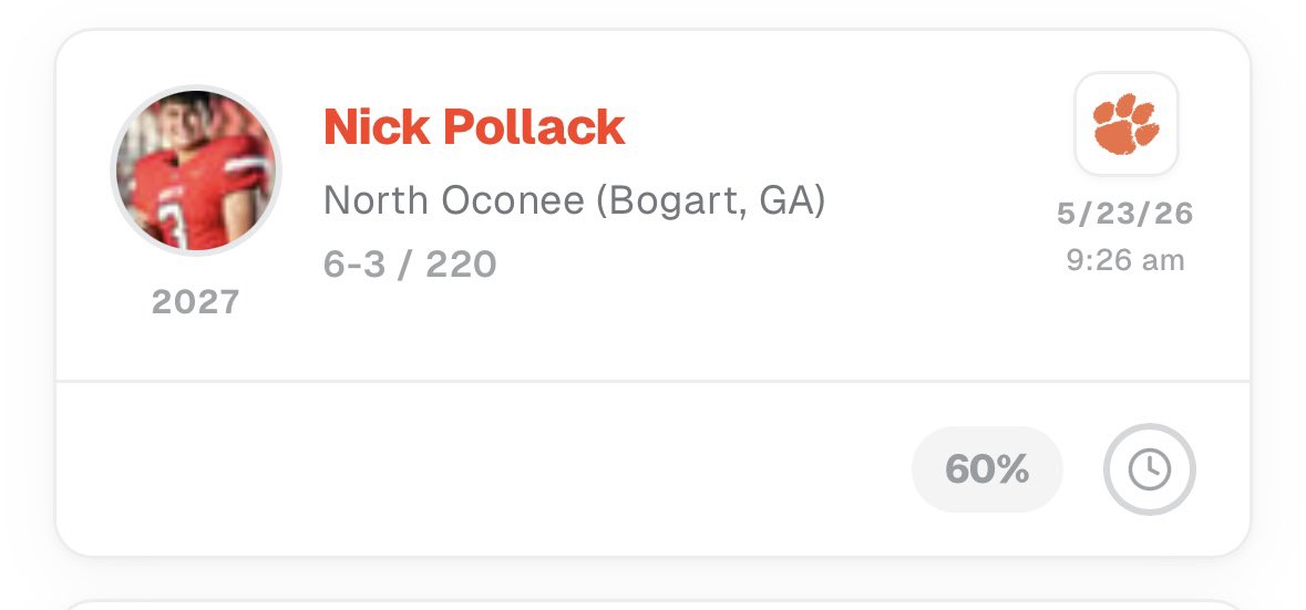 adamdropsbombs's tweet photo. Clemson has received a 🔮 for 2027 TE @NickPollack324. He is the son of David Pollack and was just offered last night 👀🐅 https://t.co/dPdQClGYCH
