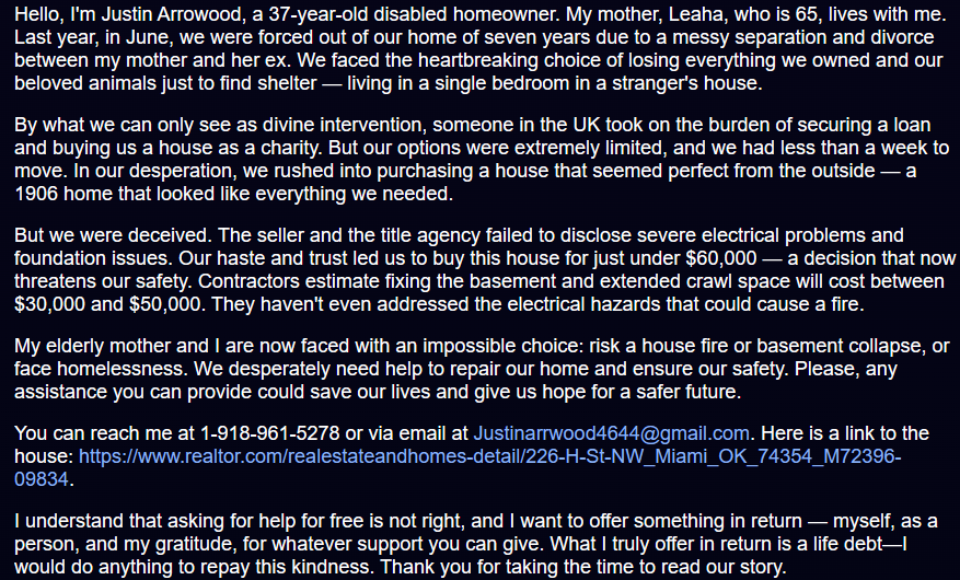 Justin_4644's tweet photo. @elonmusk Had to share my story via a photo limited text space, if you ever find urself in need of a person who can sit infront screen forever You can reach me at 1-918-961-5278 or via email at Justinarrwood4644@gmail.com. Here is a link to the house: https://t.co/BaX9q8Zgjn. https://t.co/Gevsk2763t