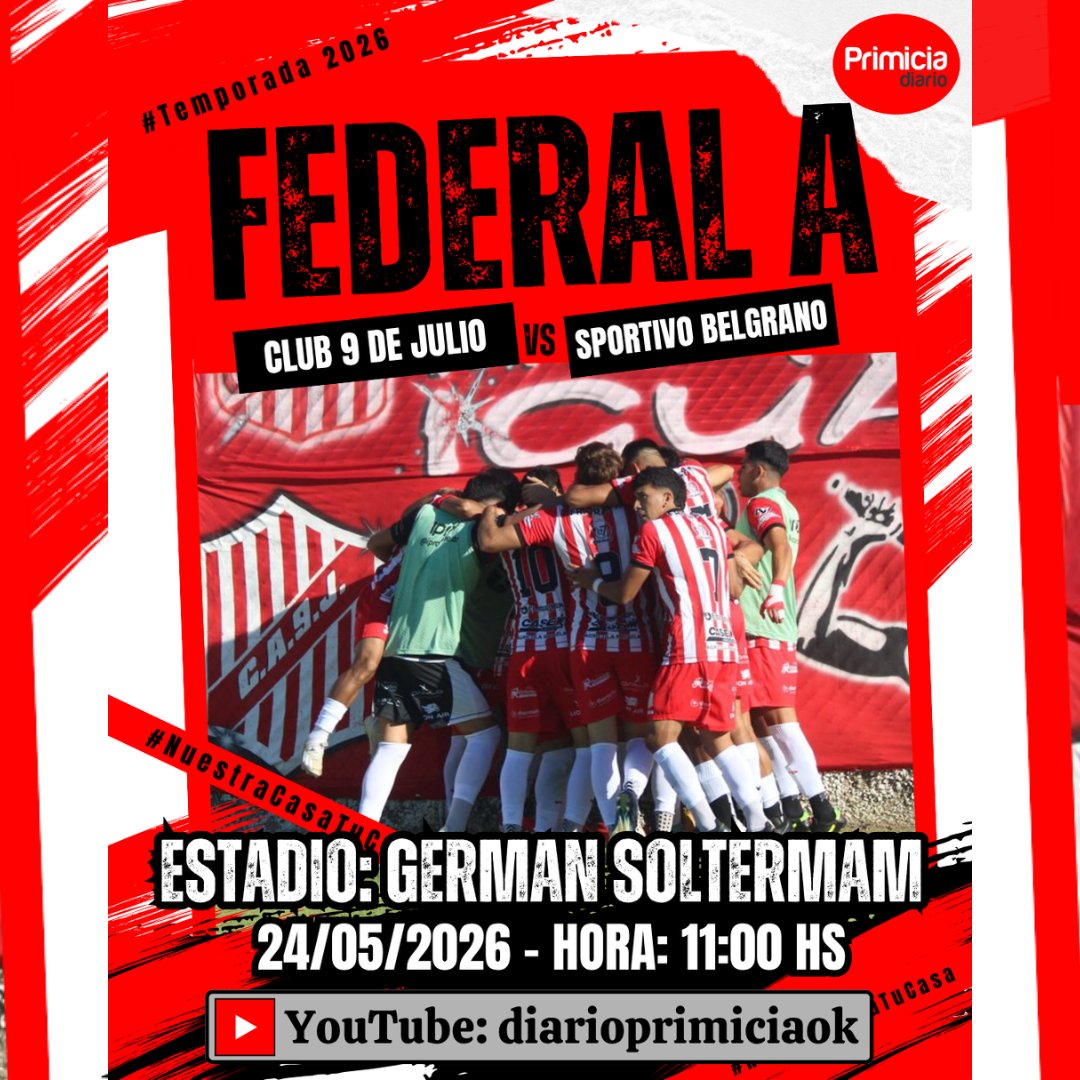 _diarioprimicia's tweet photo. 👉 Domingo 24 de Mayo comienza la segunda rueda y se disputa la fecha 10 en la Zona 1 del Torneo Federal A.

⚽️ @9dejuliooficial vs @ClubSpBelgrano 
⏰ Previa: 10:30
🏟️ Estadio: German Soltermam
📺 YouTube: diarioprimiciaok

Te esperamos 🙌 

#FederalA #NuestraCasaTuCasa #Futbol https://t.co/7kBzVMnBFY
