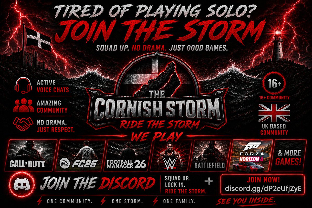 CornishDaveLive's tweet photo. ⚡ Looking for people to game with?

Join The Cornish Storm 🌩️
UK-based &amp; English-speaking gaming community 🎮

🏎️ Forza Horizon 6
🎮 COD
⚽ FC26/FM
🔥 Battlefield &amp; more

No drama. Just good vibes &amp; gaming.

👇 Join here: https://t.co/dCgHiG9Ogb

#GamingCommunity #Discord #FH6 https://t.co/YtWMs19yG6