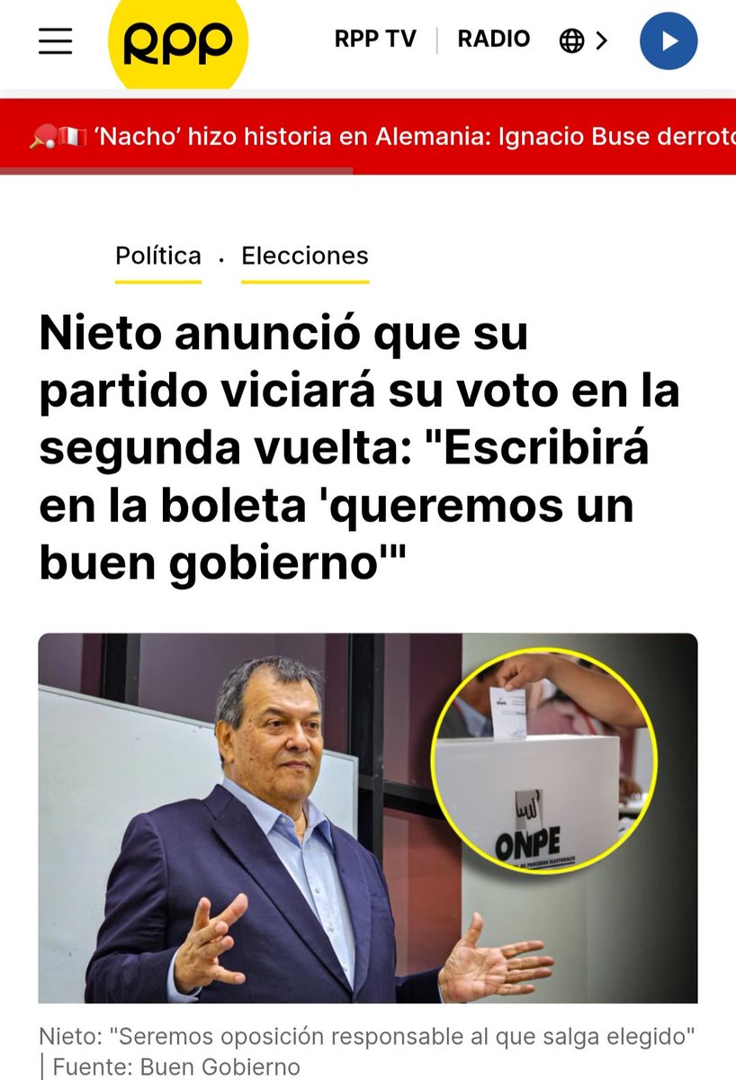 emeATO's tweet photo. Cuando el Perú enfrenta la opción de entregarle todo el poder al fujimorismo corrupto y asesino, que lidera las encuestas a 2 semanas del 7/6, el llamado al voto viciado del @BuenGobiernoPe , 4ta fuerza política hoy, solo puede calificarse de egoísta, cobarde e irresponsable. https://t.co/e7eaNBBAOk