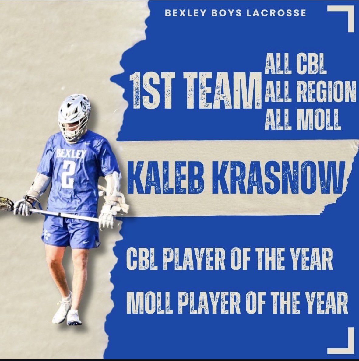 BexleyAthletics's tweet photo. Congratulations to our Boys Lacrosse player who were recently named All-CBL, All-MOLL &amp; All Region. Special shout out to senior Kaleb Krasnow who was named Player of the Year in both the Central Buckeye League and Mid-Ohio Lacrosse League! 
#GoLions🦁 #ThePride https://t.co/QK7r67m43J